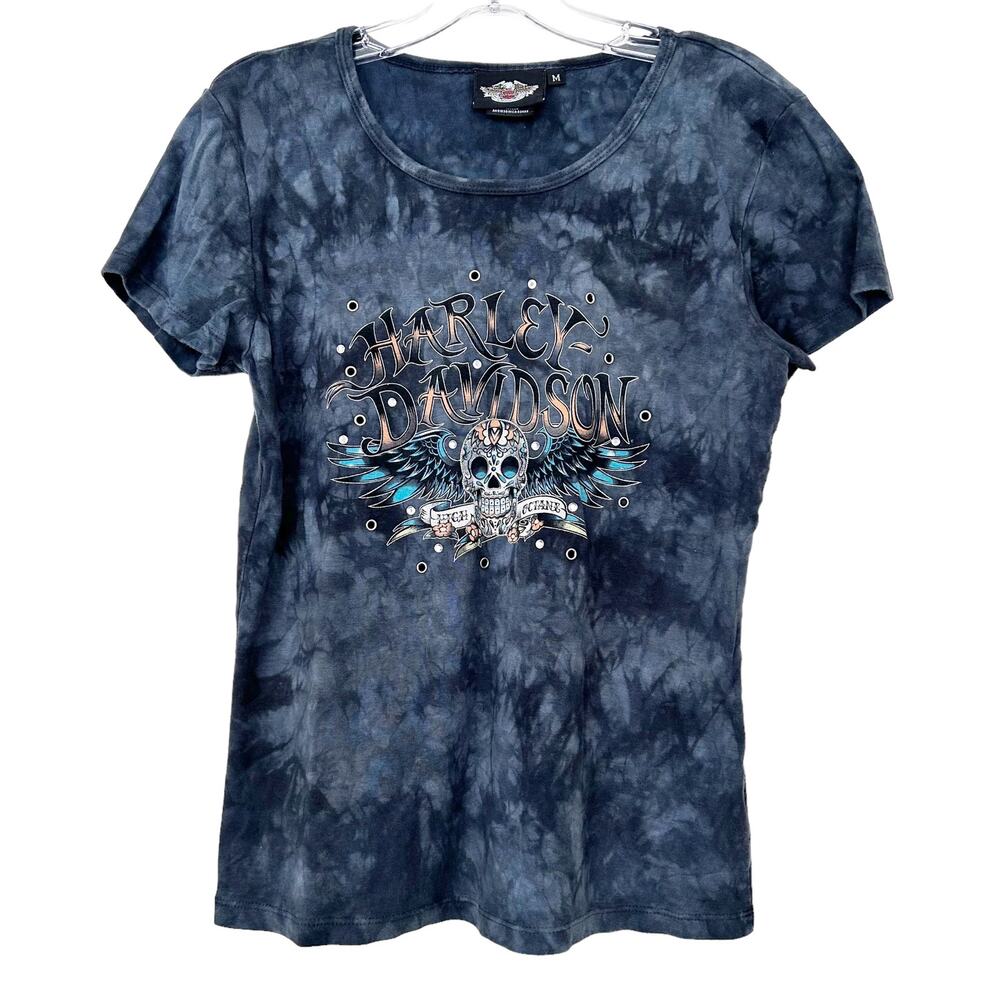 Harley Davidson Black Blue Tie Dye Skull Print T Shirt Sz M